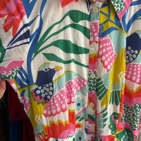 Boden Whimsical Colorful Floral Bird Print Tie Waist Shirt Midi Dress - Picture 5 of 11